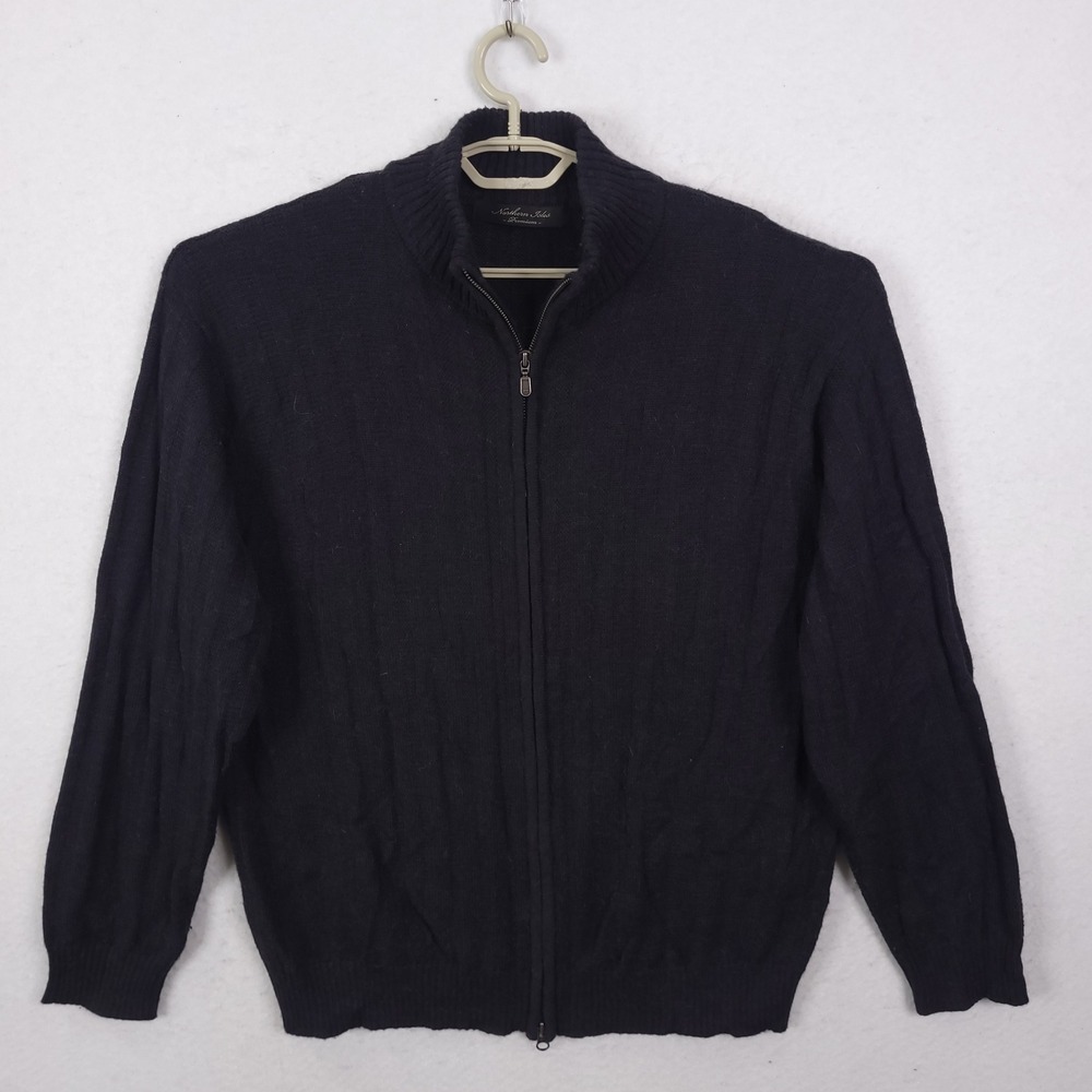 Northern Isles Full Zip Cardigan XL Black Alpaca Wool Blend Ribbed Mock Neck